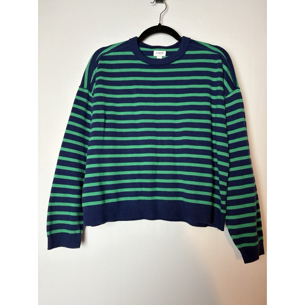 J. Crew Factory Navy and Green Striped Crewneck Sweater